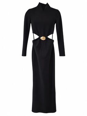 STAUD Black Long Sleeve Maxi Dress with Gold Cutout Detail